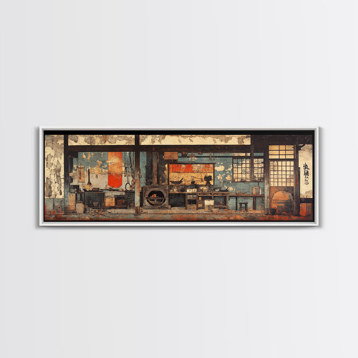 Rustic Japanese Tea House Interior Wall Art, Zen Kitchen Decor Print, Wabi Sabi Home Decor, Framed Canvas Print, Japandi Living Room Decor