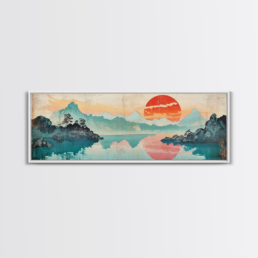 Coral Sun Over Teal Mountain Lake Wall Art, Japanese Landscape Print, Coastal Japandi Decor, Serene Bedroom Wall Art Print