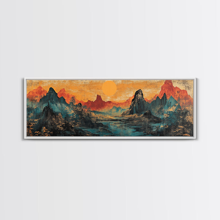 Orange Sun Over Dramatic Mountain Range Canvas Print, Asian Landscape Wall Art, Rustic Desert Decor, Statement Wall Art For Office Decor