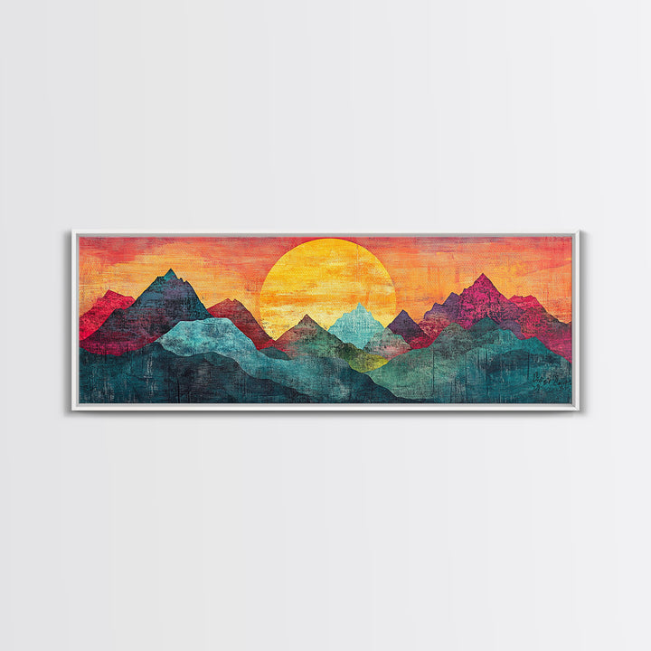 Geometric Mountain Sunrise With Teal And Magenta Peaks Wall Art, Mid Century Modern Canvas Print, Colorful Landscape Decor