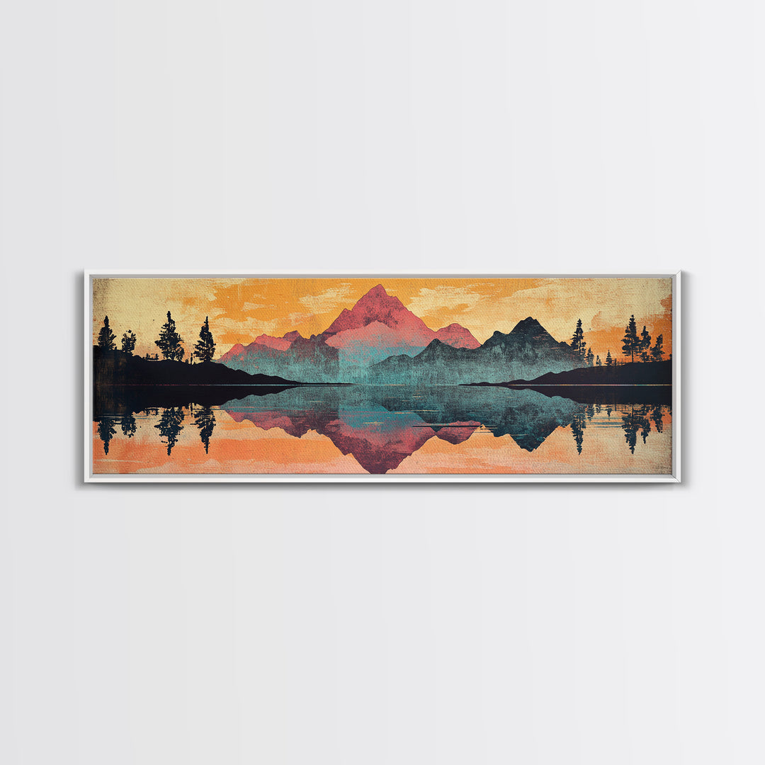Mountain Lake Reflection With Pine Forest Sunset Wall Art, Framed Canvas Print, Nature Landscape, Rustic Cabin Decor, Lake House