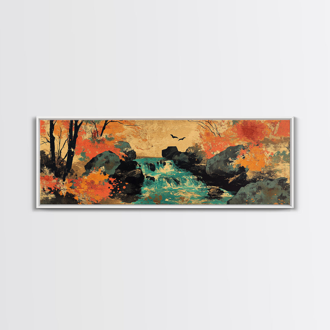 Autumn Forest Stream With Waterfall And Birds Wall Art, Framed Canvas Print, Rustic Landscape Art, Cozy Cabin Decor, Nature