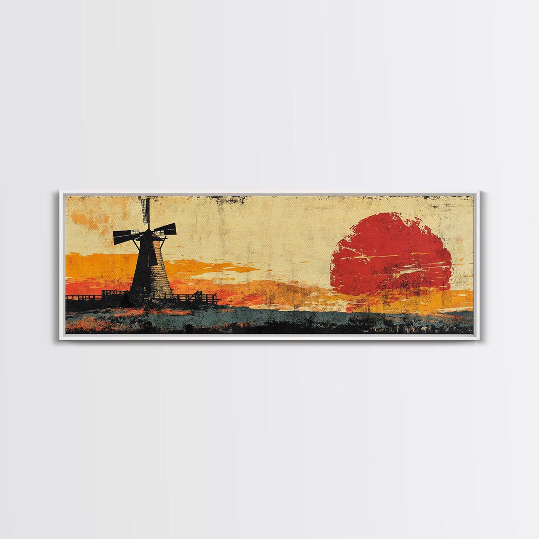 Rustic Windmill And Red Sun Landscape Wall Art, Panoramic Canvas Print, Farmhouse Decor, Western Living Room Art Home Decor