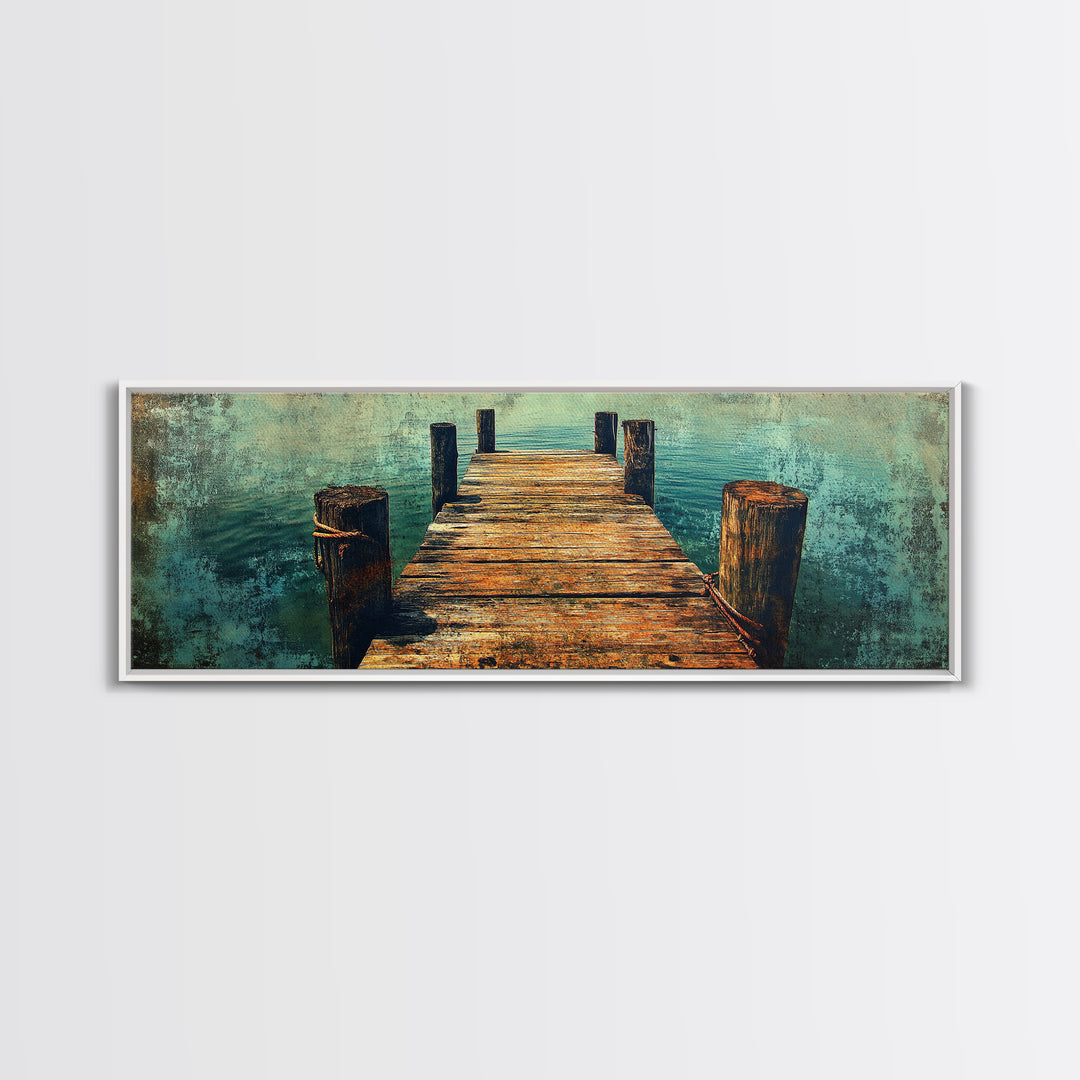Weathered Wooden Dock Over Teal Water Wall Art, Panoramic Canvas Print, Lake House Decor, Nautical Living Room Art Coastal Decor