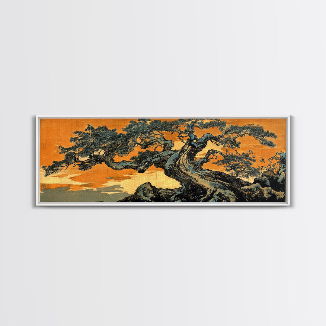 Twisted Japanese Pine Tree Landscape Wall Art, Panoramic Canvas Print, Japandi Decor, Nature Wall Decor, Office Art Print