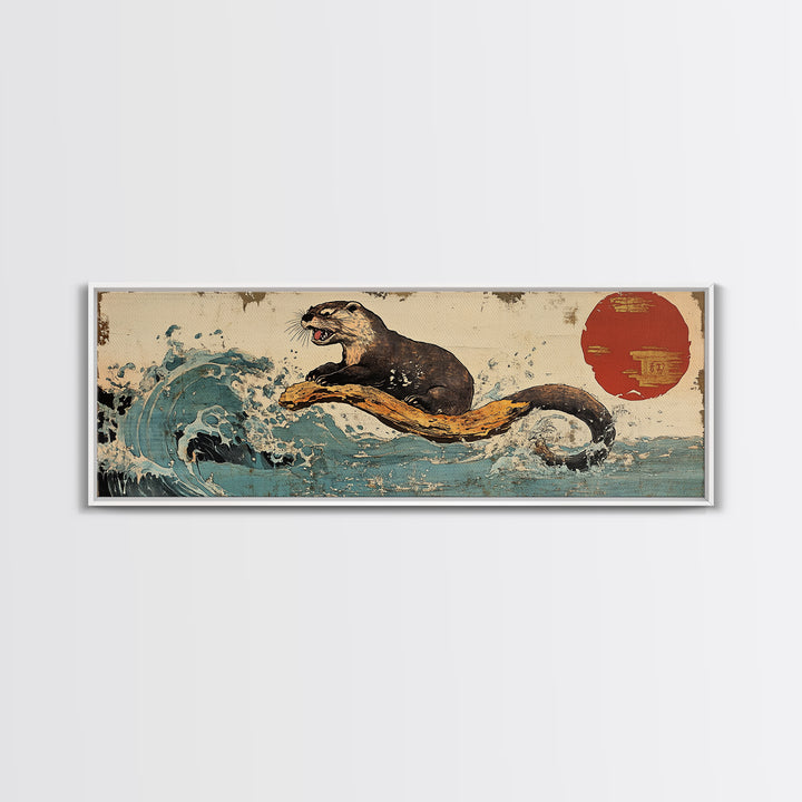Playful Otter Riding Ocean Wave Wall Art, Japanese Animal Print, Panoramic Canvas, Coastal Bathroom Decor, Wildlife Gift For Her