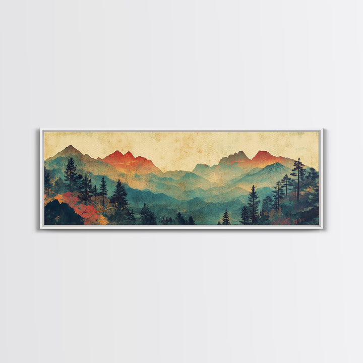 Layered Blue Mountain Forest Wall Art, Panoramic Canvas Print, Nature Landscape, Rustic Cabin Living Room Decor, Above Sofa Decor