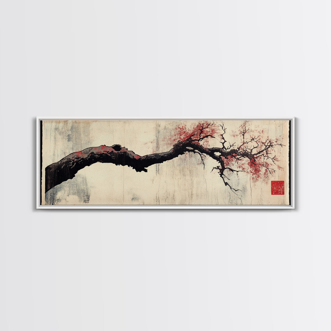 Minimal Black Branch With Red Blossoms Wall Art, Japanese Botanical Canvas Print, Wabi Sabi Neutral Home Decor, Above Bed Art