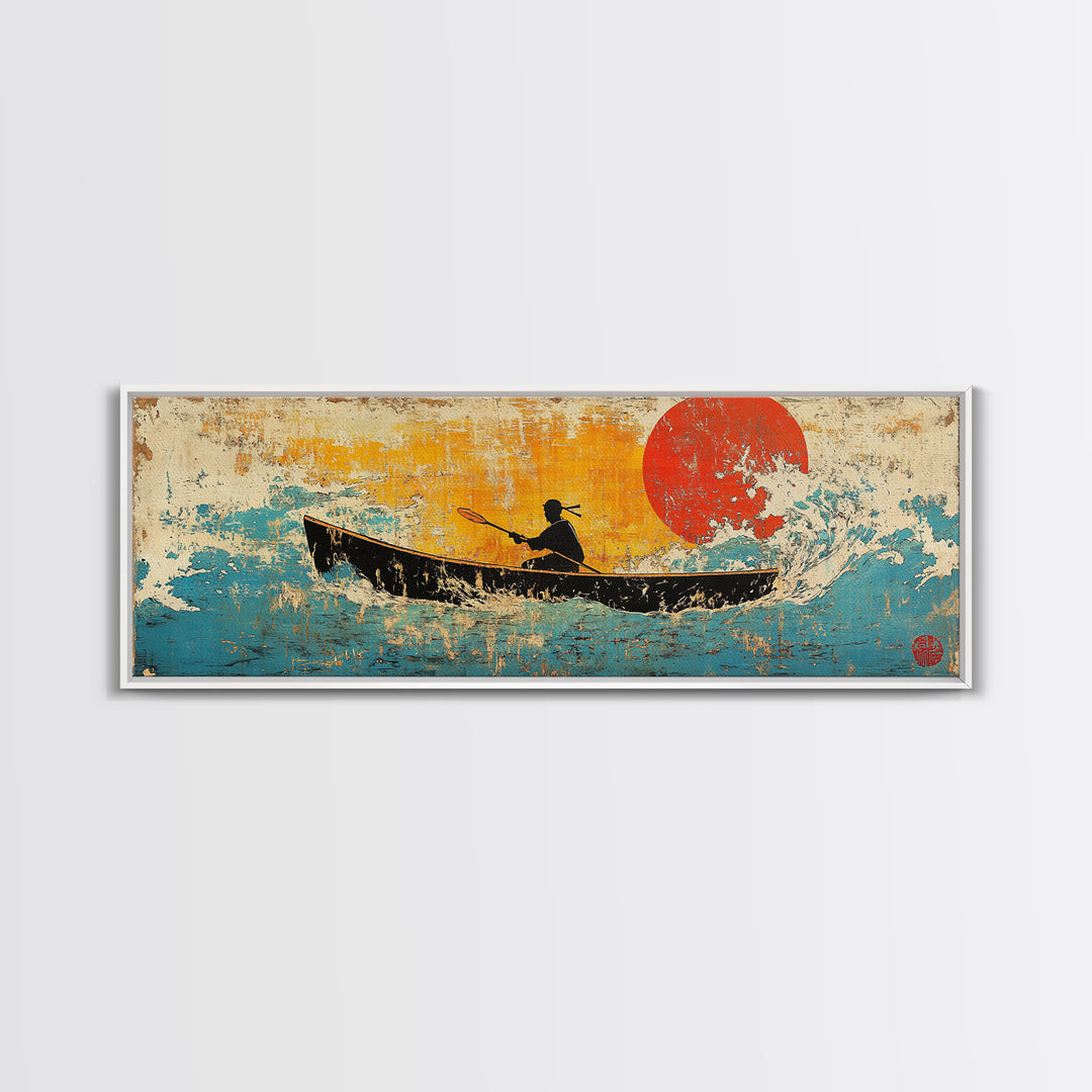 Canoe Silhouette Red Sun Canvas Print, Japanese Lake Wall Art, Retro Coastal Home Decor, Boho Living Room, Gift For Her, Art Print
