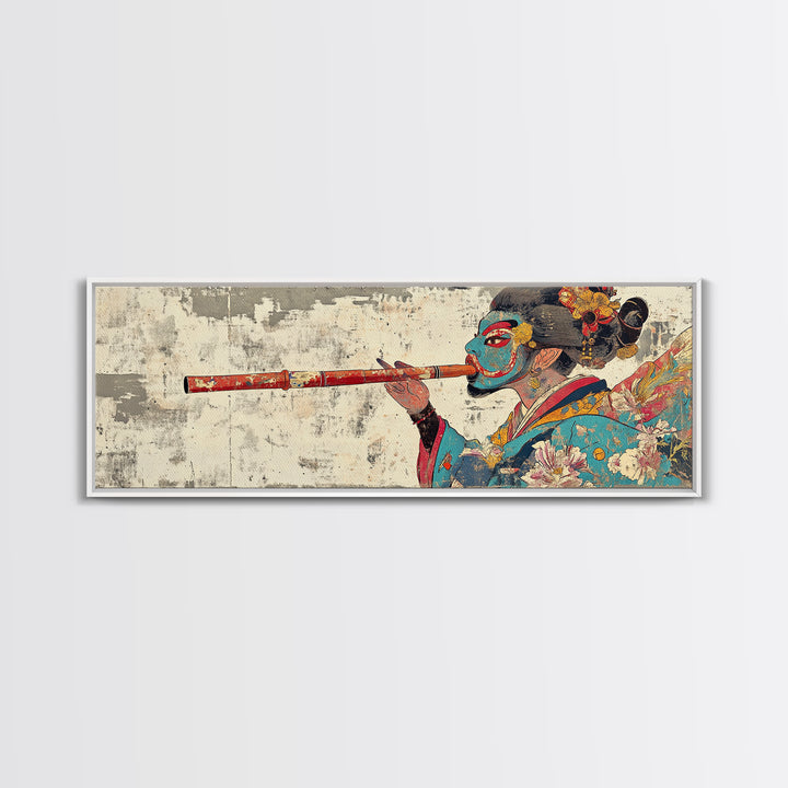 Japanese Geisha Flute Portrait Framed Canvas Print, Asian Wall Art, Kimono Woman Decor, Japandi Home Decor, Gift For Her