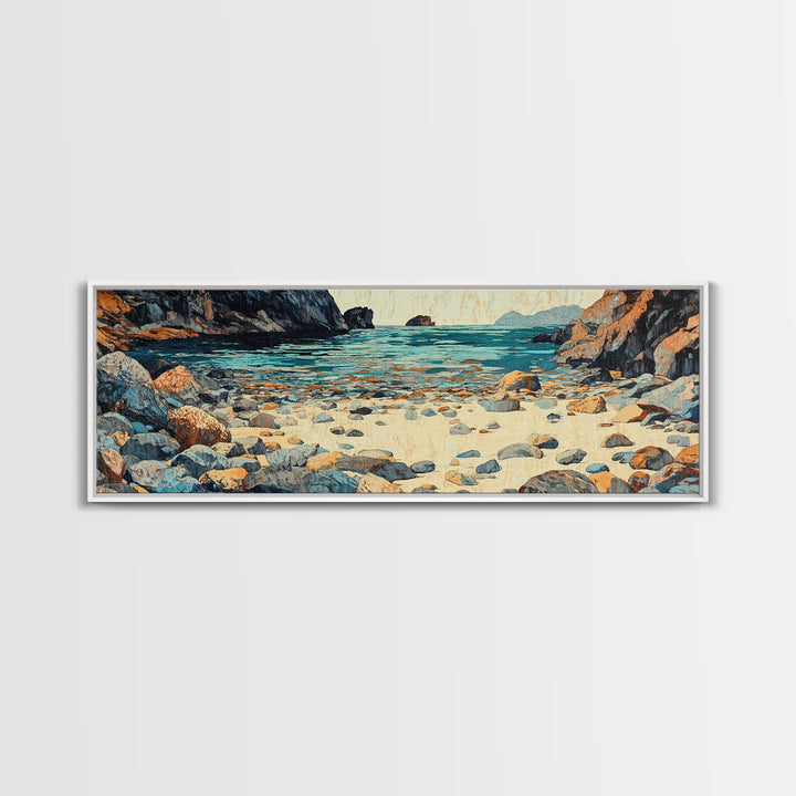 Turquoise Rocky Shore Seascape Wall Art, Coastal Canvas Print, Ocean Landscape, Beach House Decor, Large Living Room Art