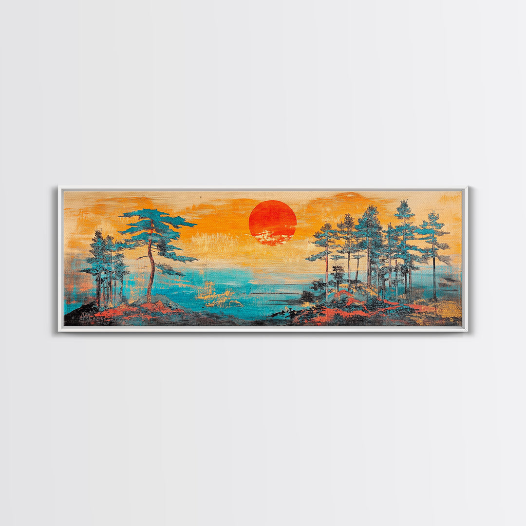 Red Sun Pine Island Wall Art, Japanese Coastal Landscape, Serene Ocean Decor, Long Horizontal Framed Canvas Print, Living Room Art