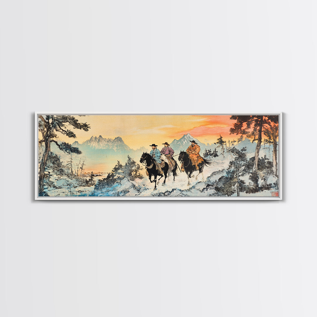 Two Cowboys Snowy Mountain Wall Art, Western Horse Landscape Painting, Rustic Cabin Decor, Large Framed Canvas Print, Gift For Him