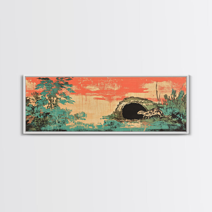 Teal Pine Forest And Moonlit Cave Wall Art, Japanese Landscape Print, Japandi Decor, Panoramic Canvas, Nature Home Decor