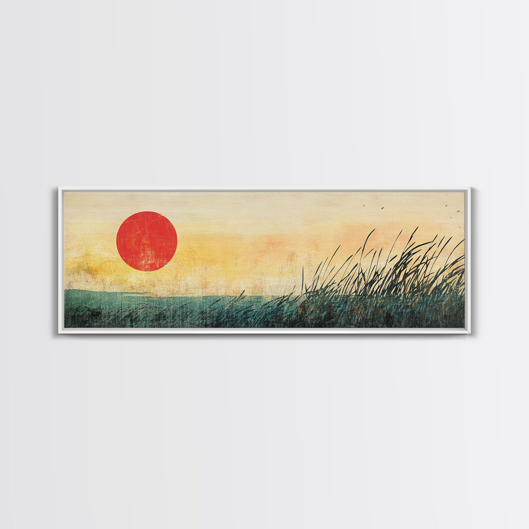 Red Sun Marsh Grass Wall Art, Minimalist Japanese Landscape Print, Zen Nature Decor, Horizontal Canvas, Calming Living Room Decor