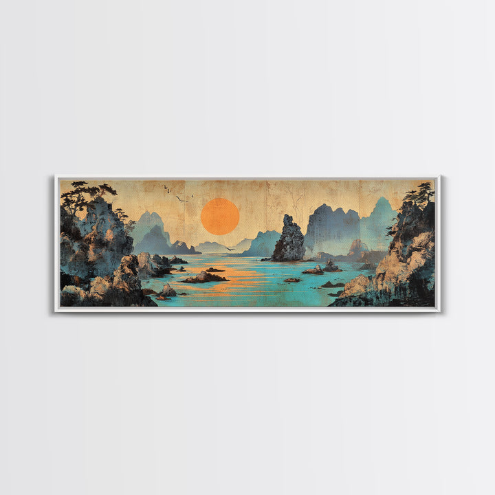 Turquoise Karst Bay Sunset Wall Art, Asian Landscape Print, Japanese Wall Decor, Zen Coastal Art, Panoramic Canvas Print