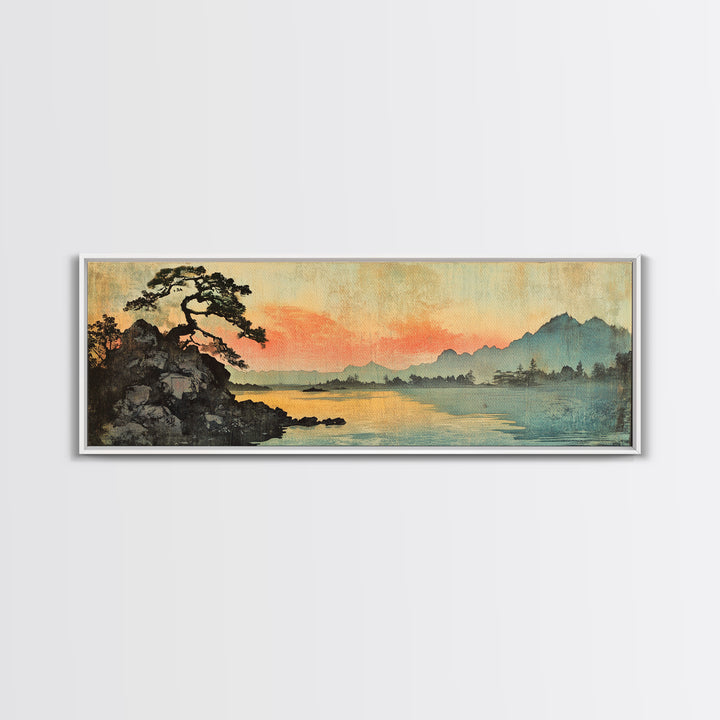 Japanese Lake Sunset With Lone Pine Wall Art, Panoramic Landscape Print, Japandi Decor, Serene Living Room Wall Decor, Home Decor