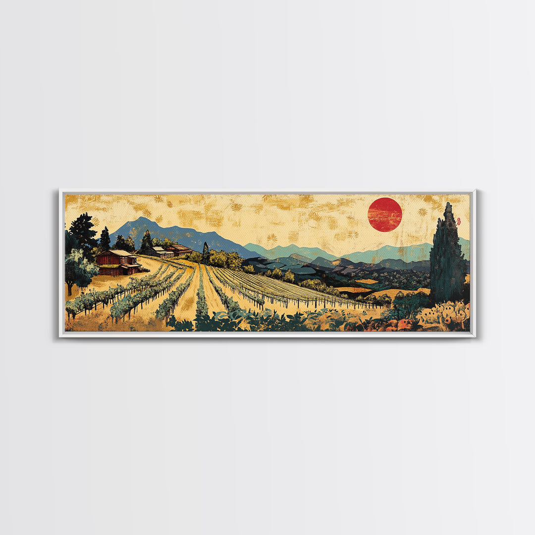 Tuscan Vineyard Rows And Red Sun Canvas Print, Wine Country Landscape Wall Art, Rustic Kitchen Decor, Housewarming Gift Idea