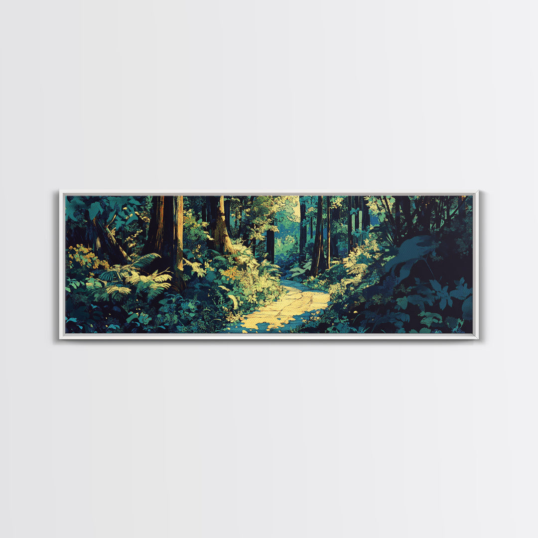 Sunlit Forest Path Through Ferns Wall Art, Nature Landscape Canvas Print, Woodland Decor, Calming Living Room Wall Art Print