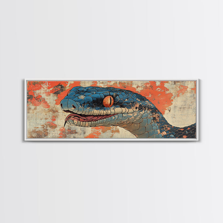 Blue Snake Portrait With Orange Eyes Wall Art, Wildlife Canvas Print, Snake Illustration, Bold Eclectic Home Decor, Statement Wall Art