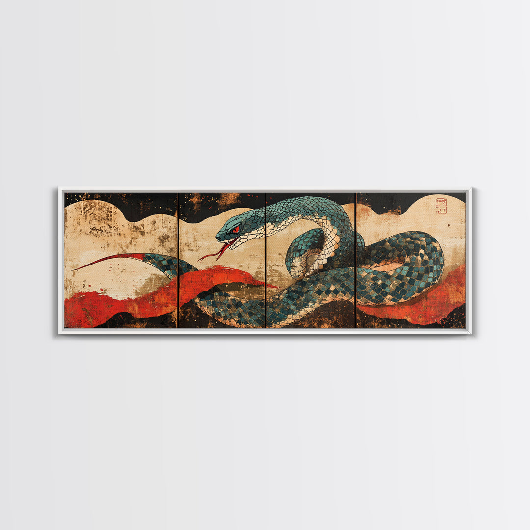 Teal Serpent With Red Sun Waves Wall Art, Japanese Snake Canvas, Ukiyo E Style, Asian Decor, Bold Wildlife Living Room Print
