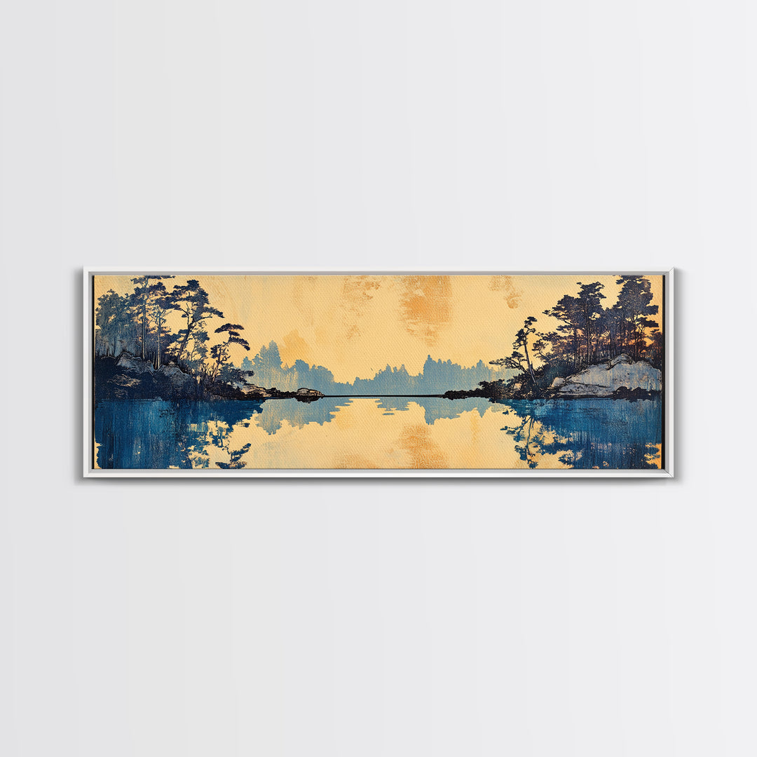 Blue Lake Pine Forest Reflections Canvas Print, Serene Nature Wall Art, Japandi Landscape Decor, Calming Living Room Print