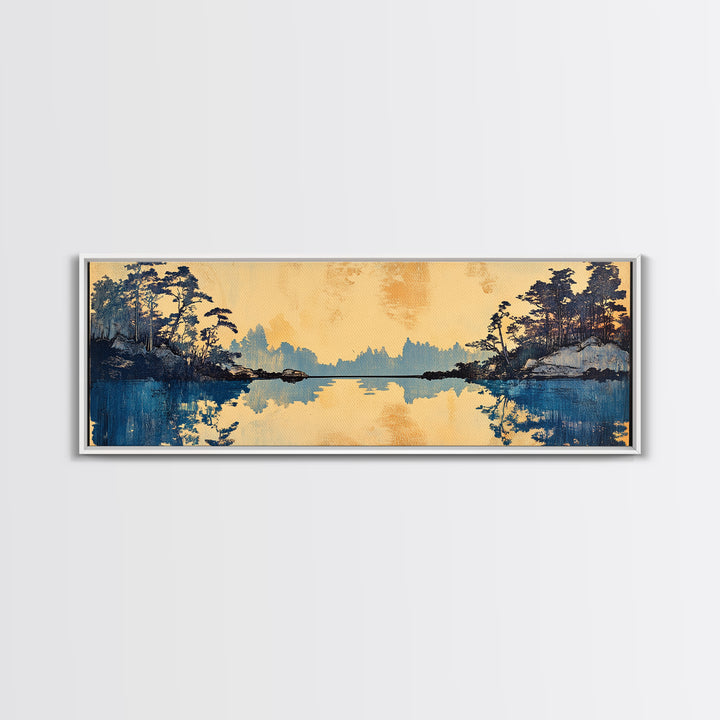 Blue Lake Pine Forest Reflections Canvas Print, Serene Nature Wall Art, Japandi Landscape Decor, Calming Living Room Print