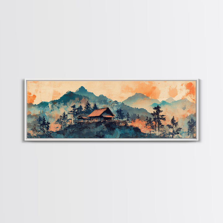Mountain Cabin At Peach Sunrise Wall Art, Watercolor Landscape Print, Rustic Nature Decor, Cozy Bedroom Living Room Canvas