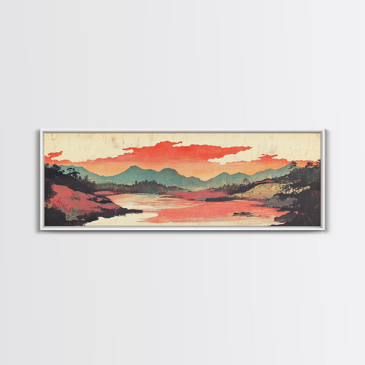 Coral Sky River Valley Wall Art, Japanese Mountain Landscape Print, Long Horizontal Canvas, Modern Living Room Decor, Home Decor