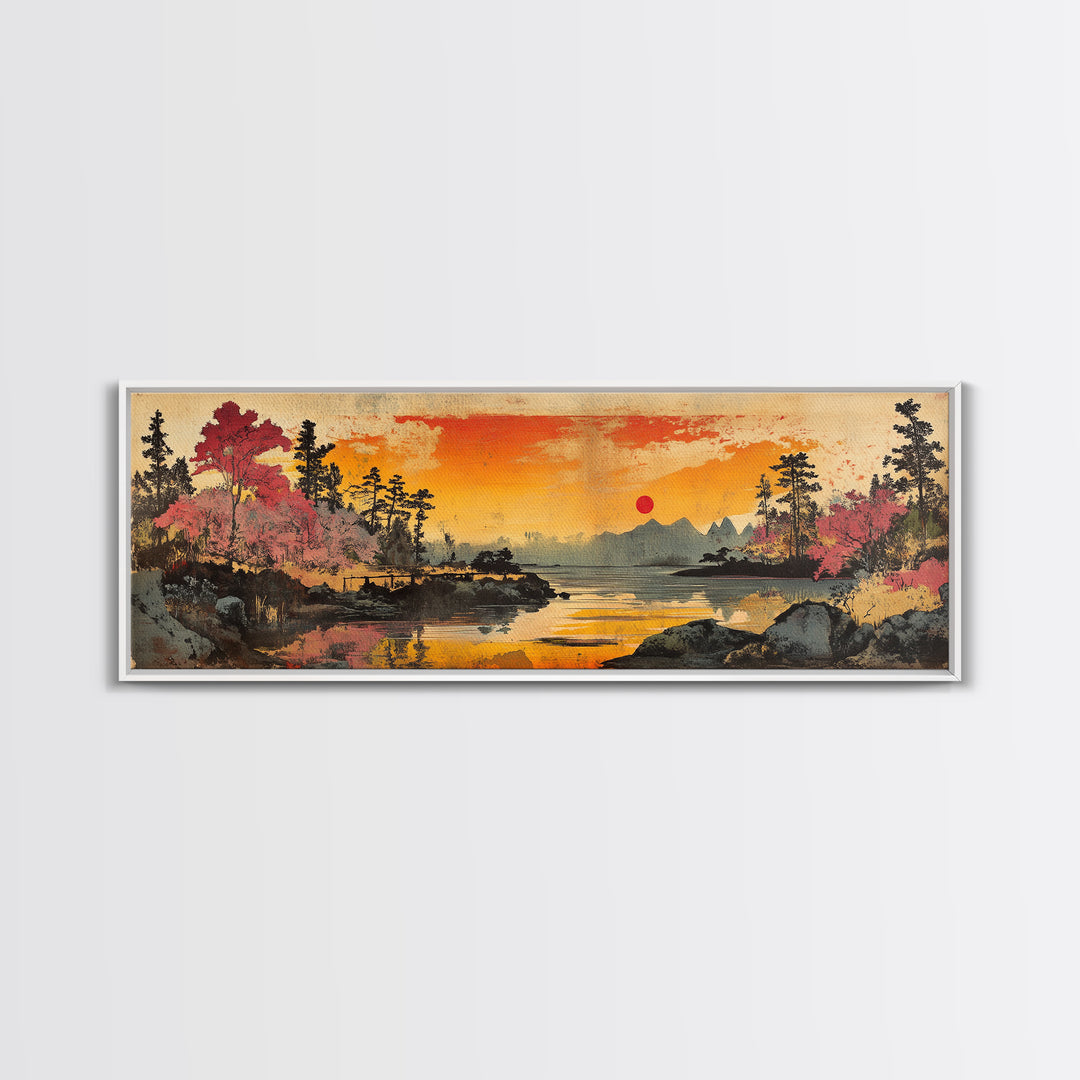 Orange Sunset Lake Wall Art, Cherry Blossom Landscape Canvas Print, Japanese Nature Decor, Panoramic Living Room Art Print