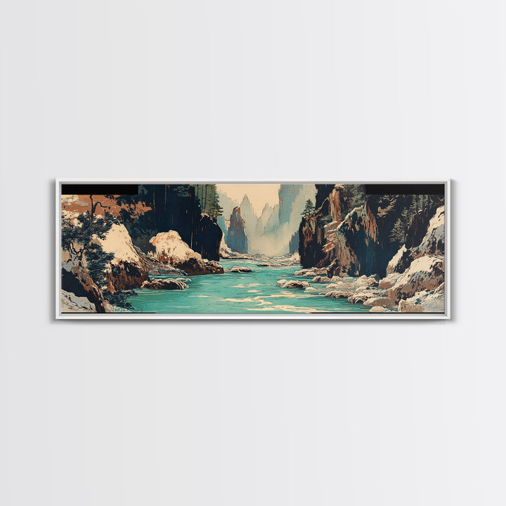 Snowy Canyon River Wall Art, Turquoise Mountain Gorge Canvas Print, Japanese Landscape Decor, Large Horizontal Artwork Print