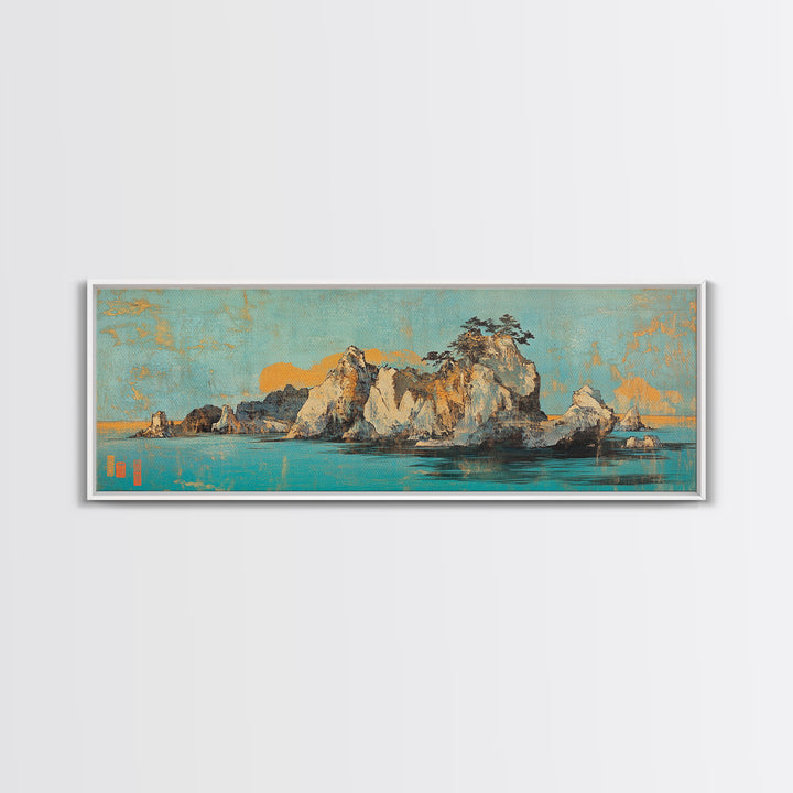Turquoise Island Seascape With Rocky Pines, Japanese Wall Art, Coastal Landscape Print, Panoramic Canvas, Living Room Decor