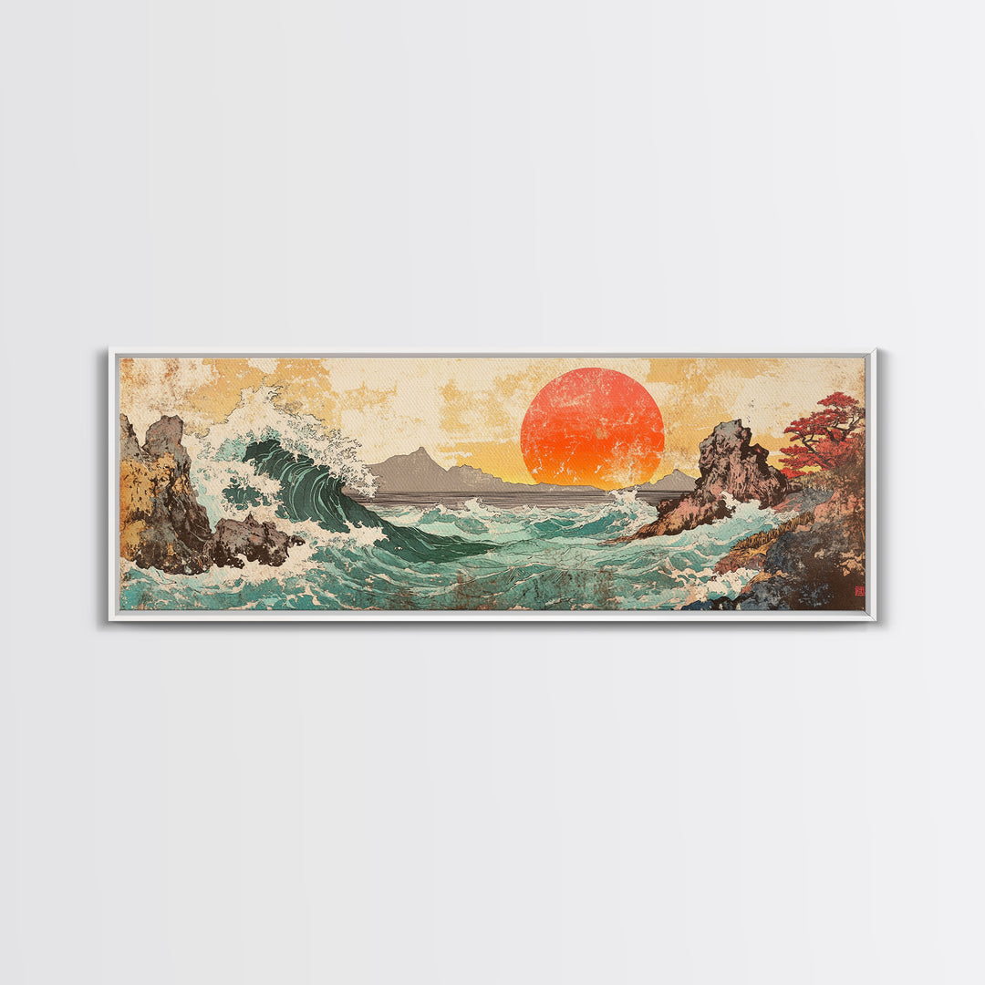 Crashing Wave And Red Sun, Japanese Wall Art, Ocean Seascape Canvas Print, Coastal Wall Decor, Large Living Room Art, Home Decor