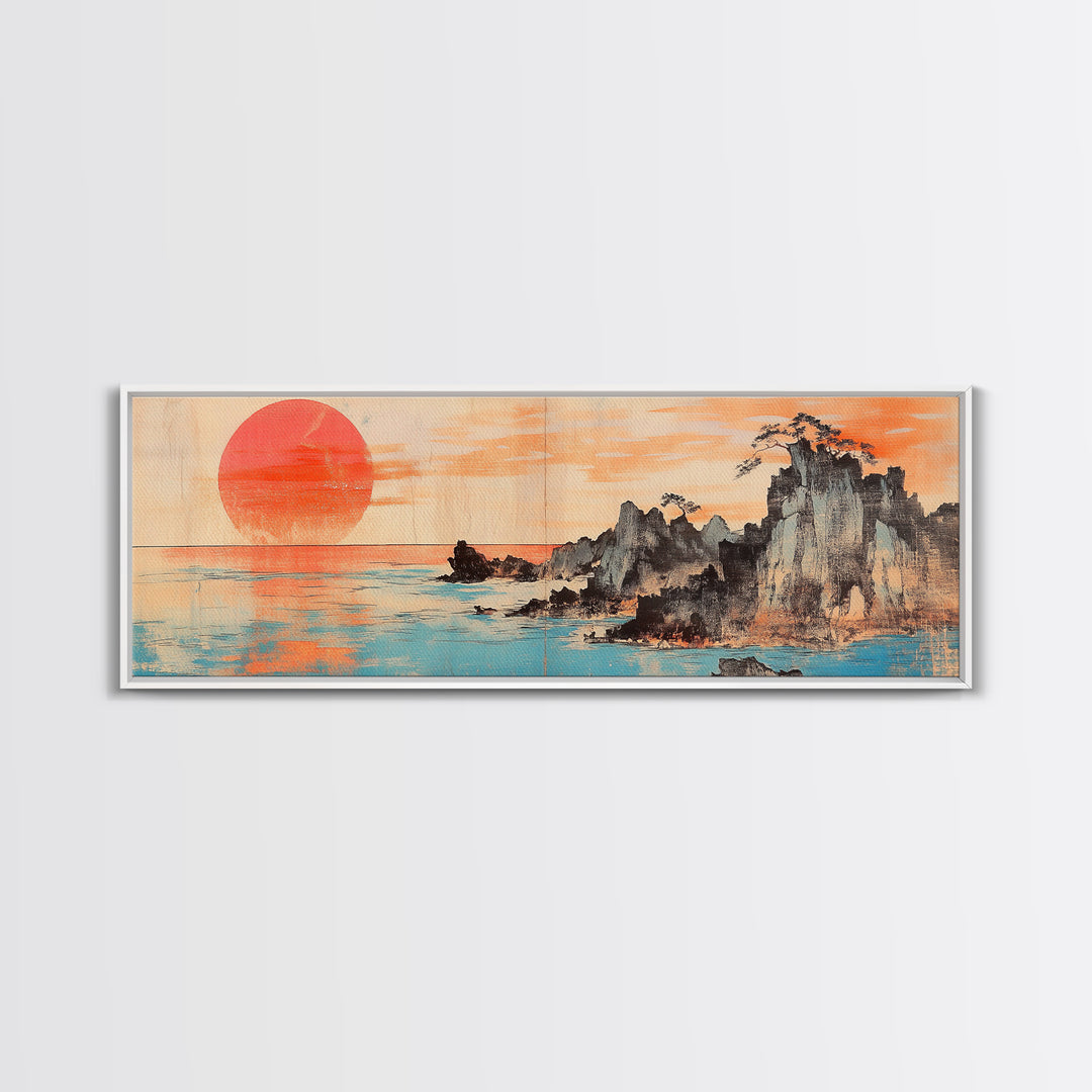 Red Sun Over Ocean Cliffs, Japanese Wall Art, Coastal Seascape Print, Panoramic Canvas, Modern Living Room Decor, Home Decor