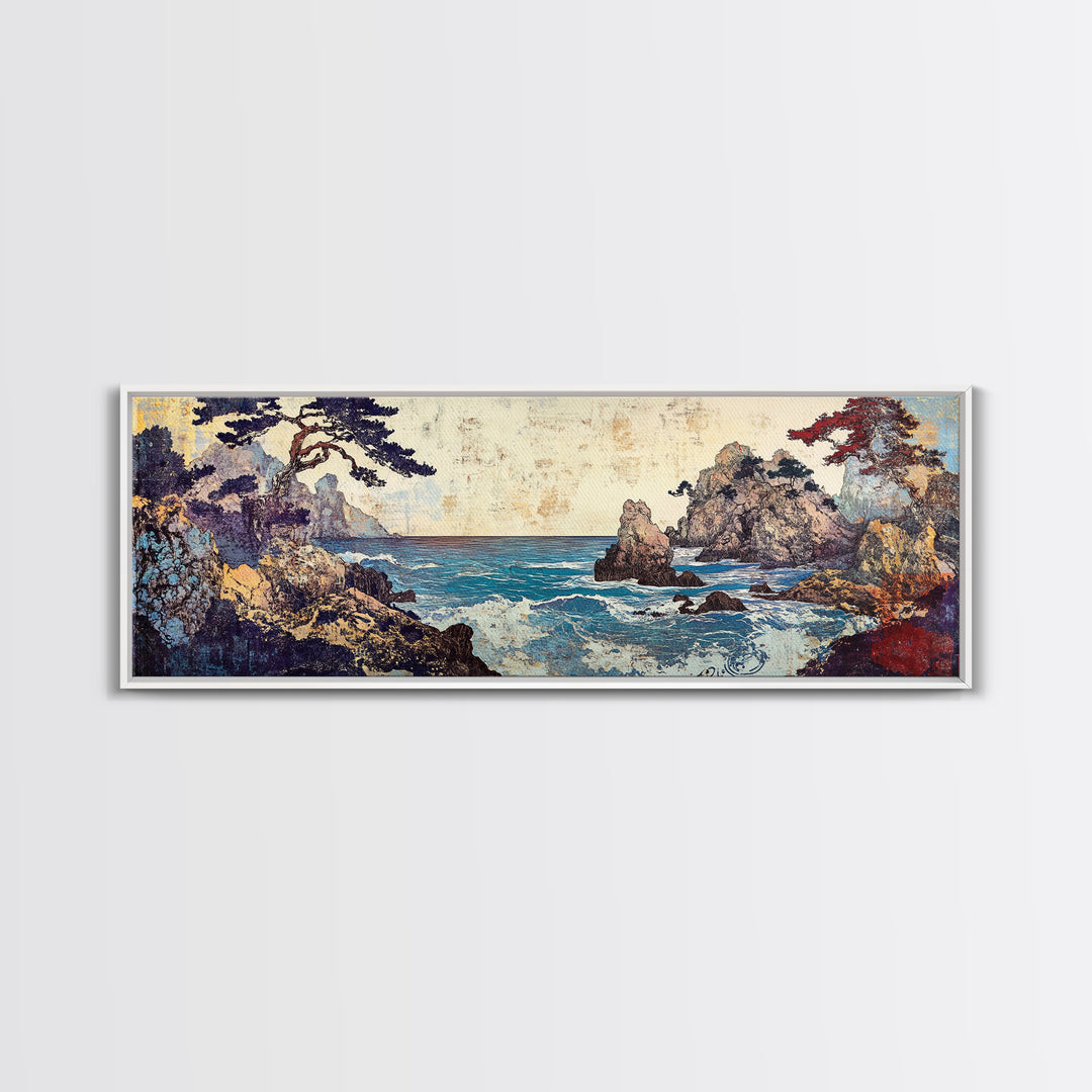 Pine Framed Rocky Cove, Japanese Wall Art, Coastal Seascape Canvas Print, Ocean Wall Decor, Panoramic Living Room Art, Home Decor