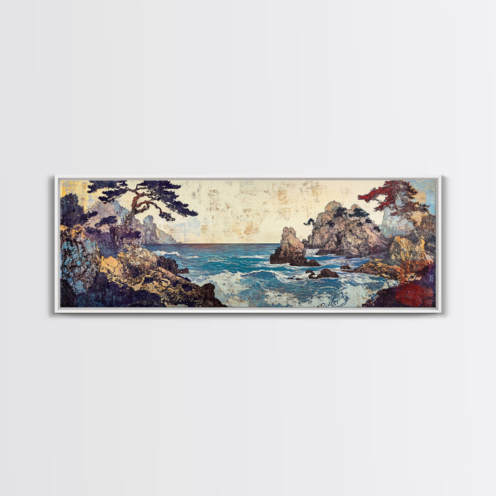 Pine Framed Rocky Cove, Japanese Wall Art, Coastal Seascape Canvas Print, Ocean Wall Decor, Panoramic Living Room Art, Home Decor