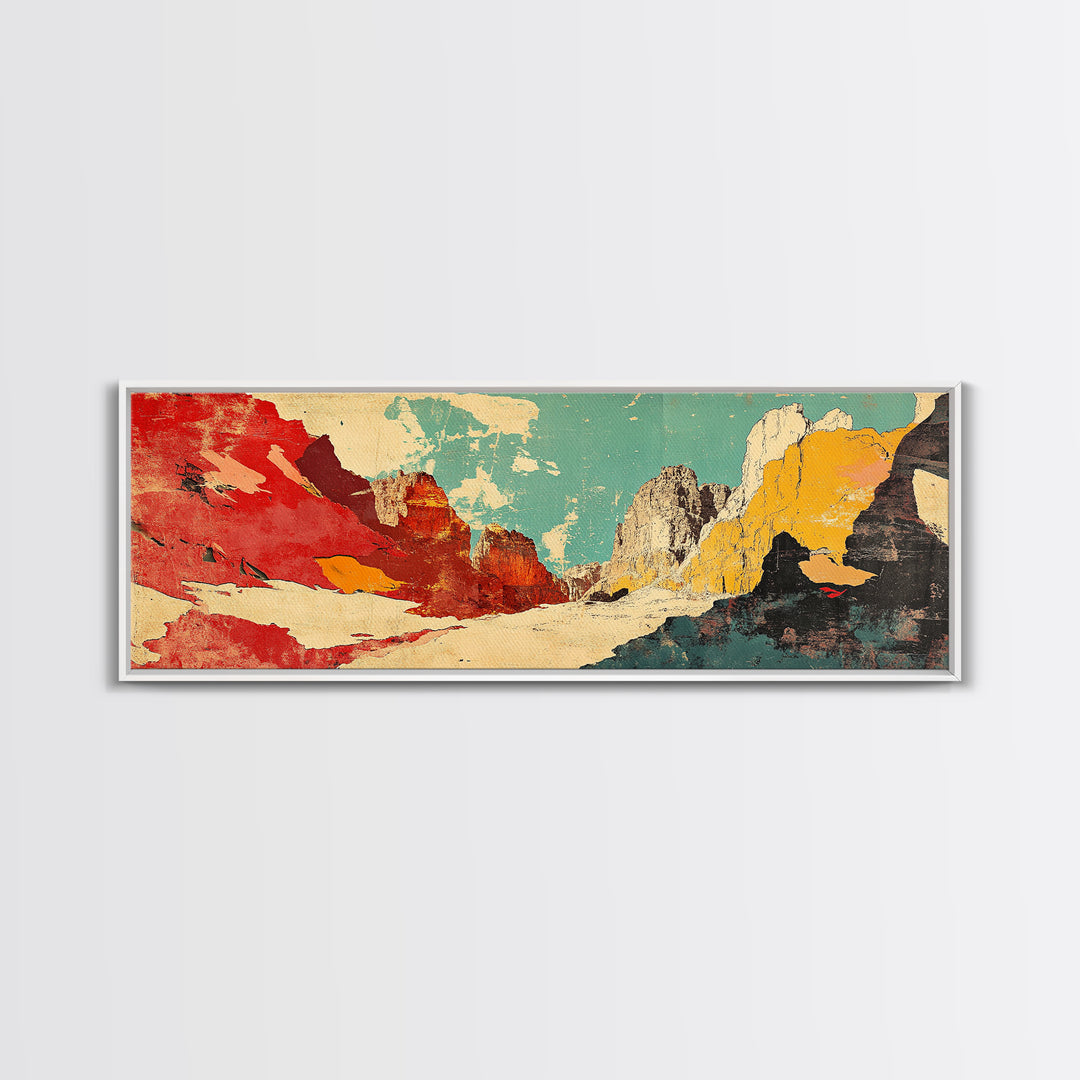Red Teal Abstract Mountain Landscape Wall Art, Panoramic Canvas Print, Modern Southwestern Decor, Long Horizontal Wall Decor
