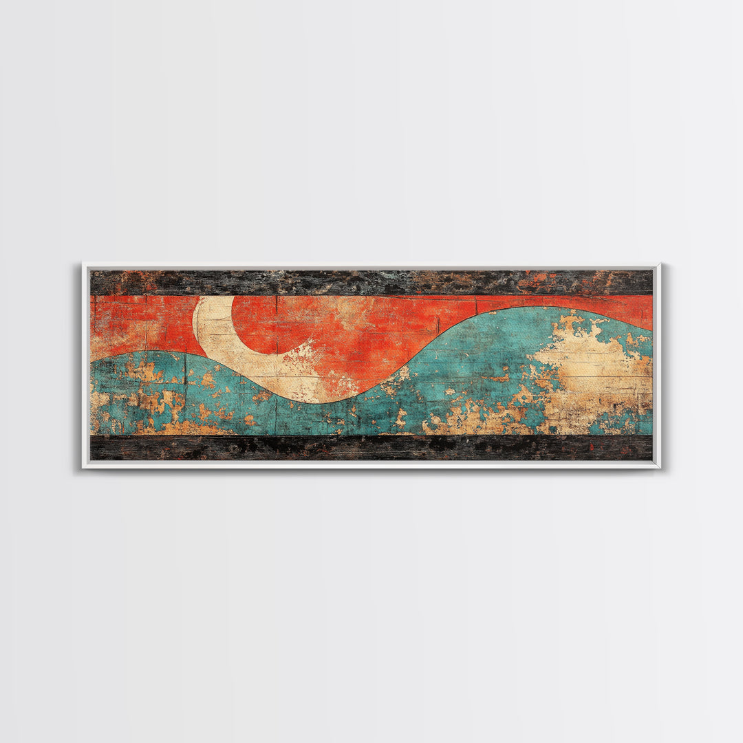 Red Sun And Teal Wave Wall Art, Japanese Coastal Canvas Print, Minimalist Abstract Seascape, Long Horizontal Living Room Wall Decor