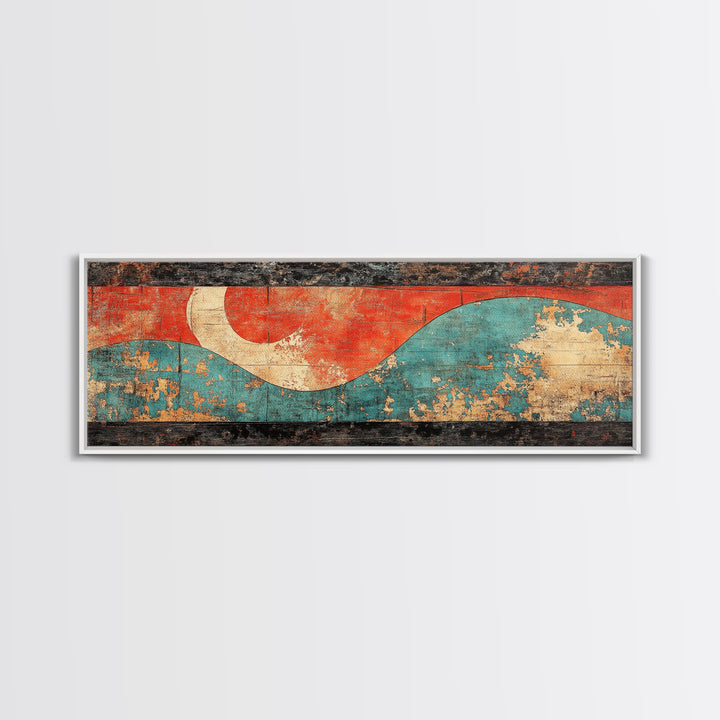Red Sun And Teal Wave Wall Art, Japanese Coastal Canvas Print, Minimalist Abstract Seascape, Long Horizontal Living Room Wall Decor
