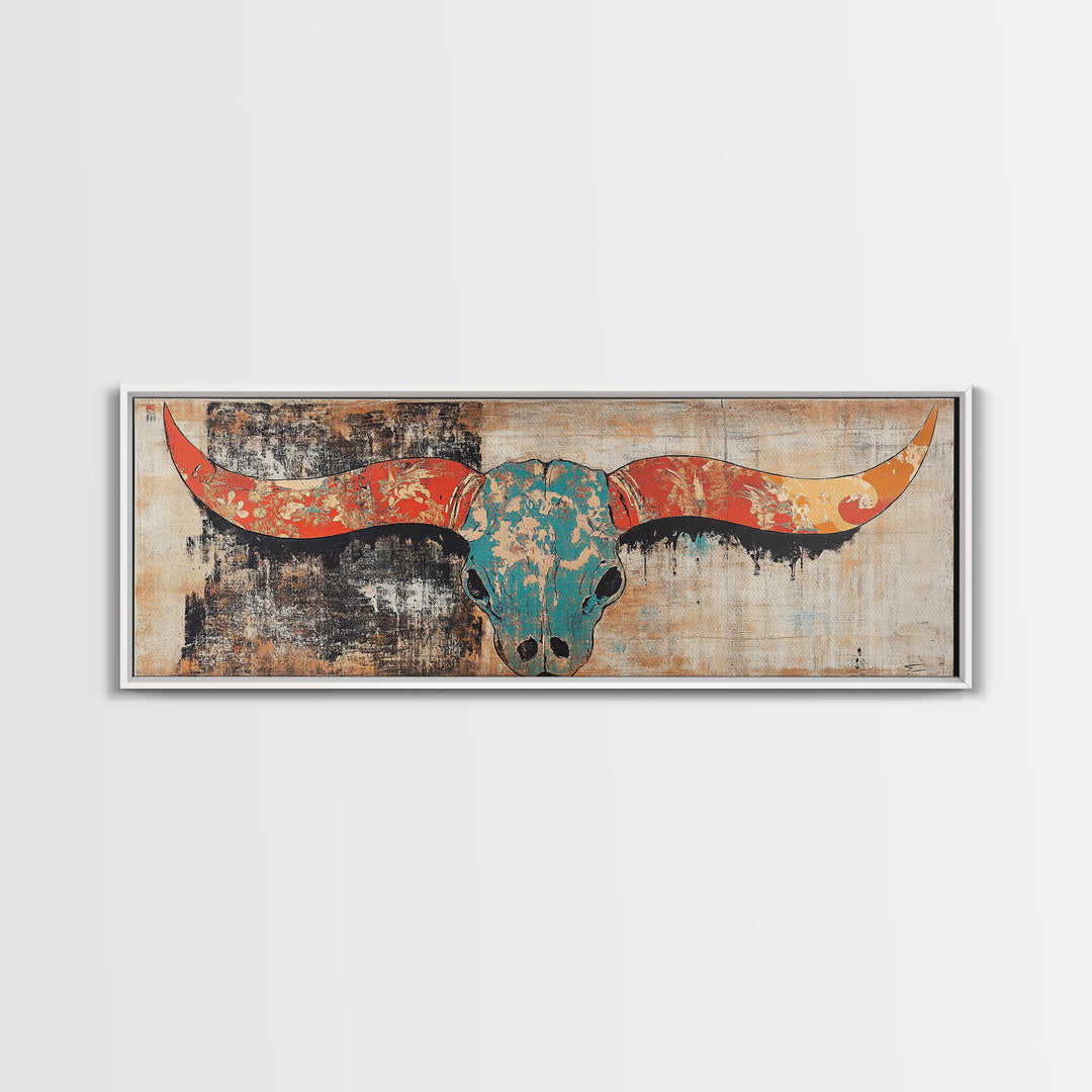 Turquoise Longhorn Skull Wall Art, Western Boho Canvas Print, Southwestern Rustic Decor, Long Horizontal Statement Artwork