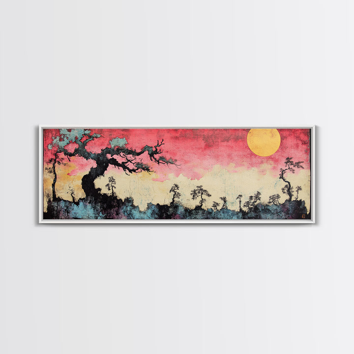 Pink Sunset Moon Tree Landscape Wall Art, Japanese Canvas Print, Dreamy Nature Decor, Long Horizontal Bedroom Wall Decor