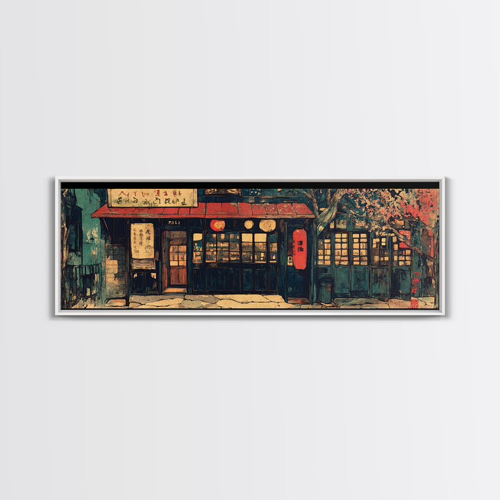 Cozy Japanese Storefront Night Wall Art, Cherry Blossom Cafe Canvas, Asian Home Decor, Japandi Gallery Living Room Print