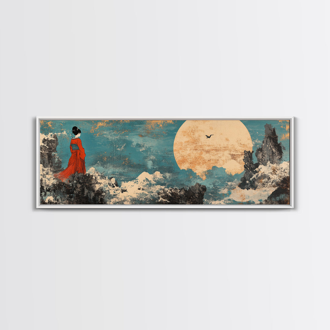 Red Kimono Woman Moon Wall Art, Japanese Landscape Canvas Print, Asian Inspired Decor, Dreamy Japandi Bedroom Art Gift For Her