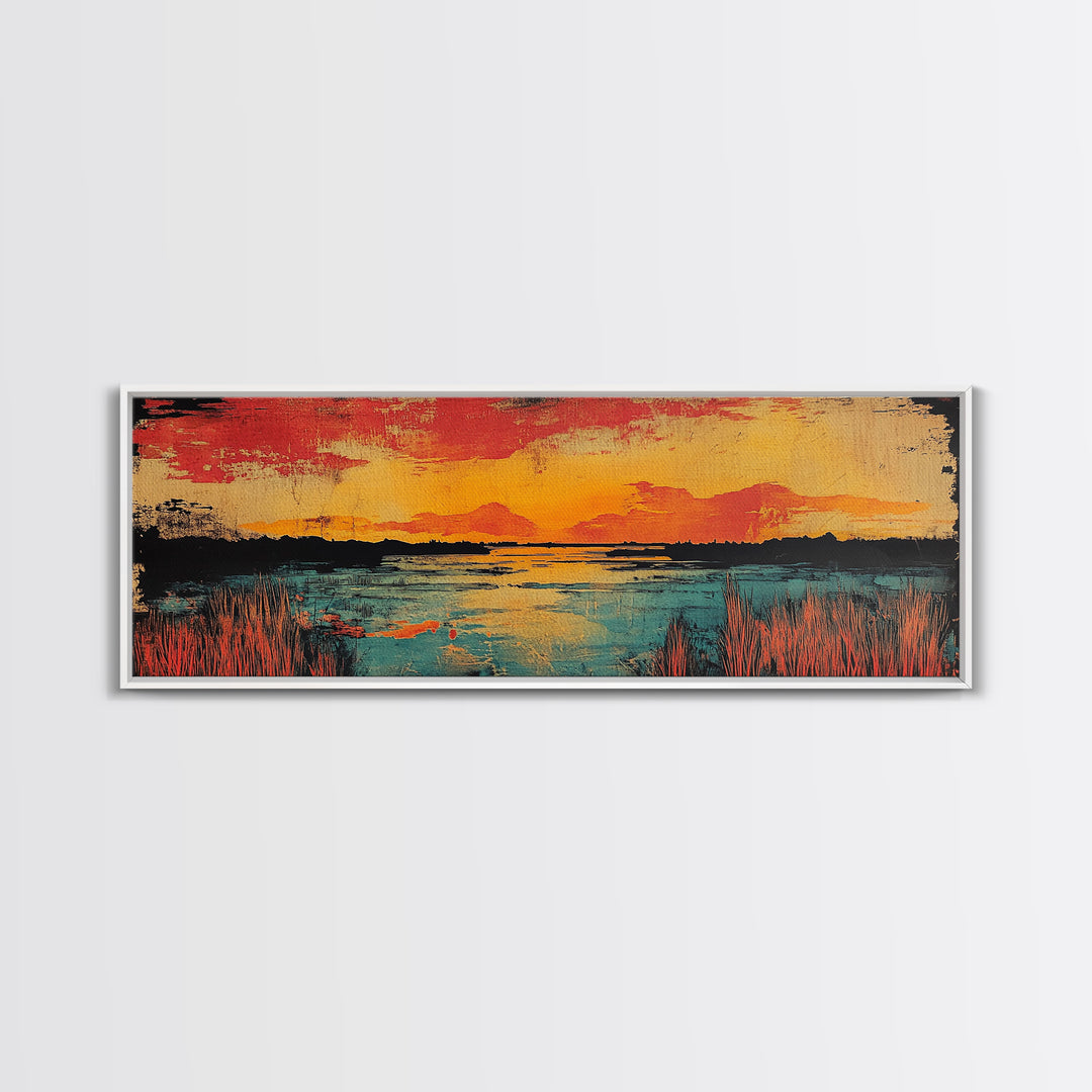 Vibrant Sunset Lake Landscape Wall Art, Marsh Water Canvas Print, Rustic Nature Decor, Large Horizontal Living Room Art Print