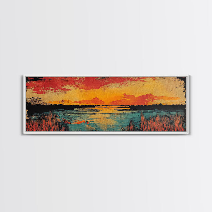 Vibrant Sunset Lake Landscape Wall Art, Marsh Water Canvas Print, Rustic Nature Decor, Large Horizontal Living Room Art Print