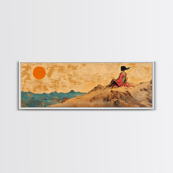 Sunset Woman Cliff Canvas Print, Asian Landscape Wall Art, Warm Desert Mountains, Boho Living Room Decor Housewarming Gift