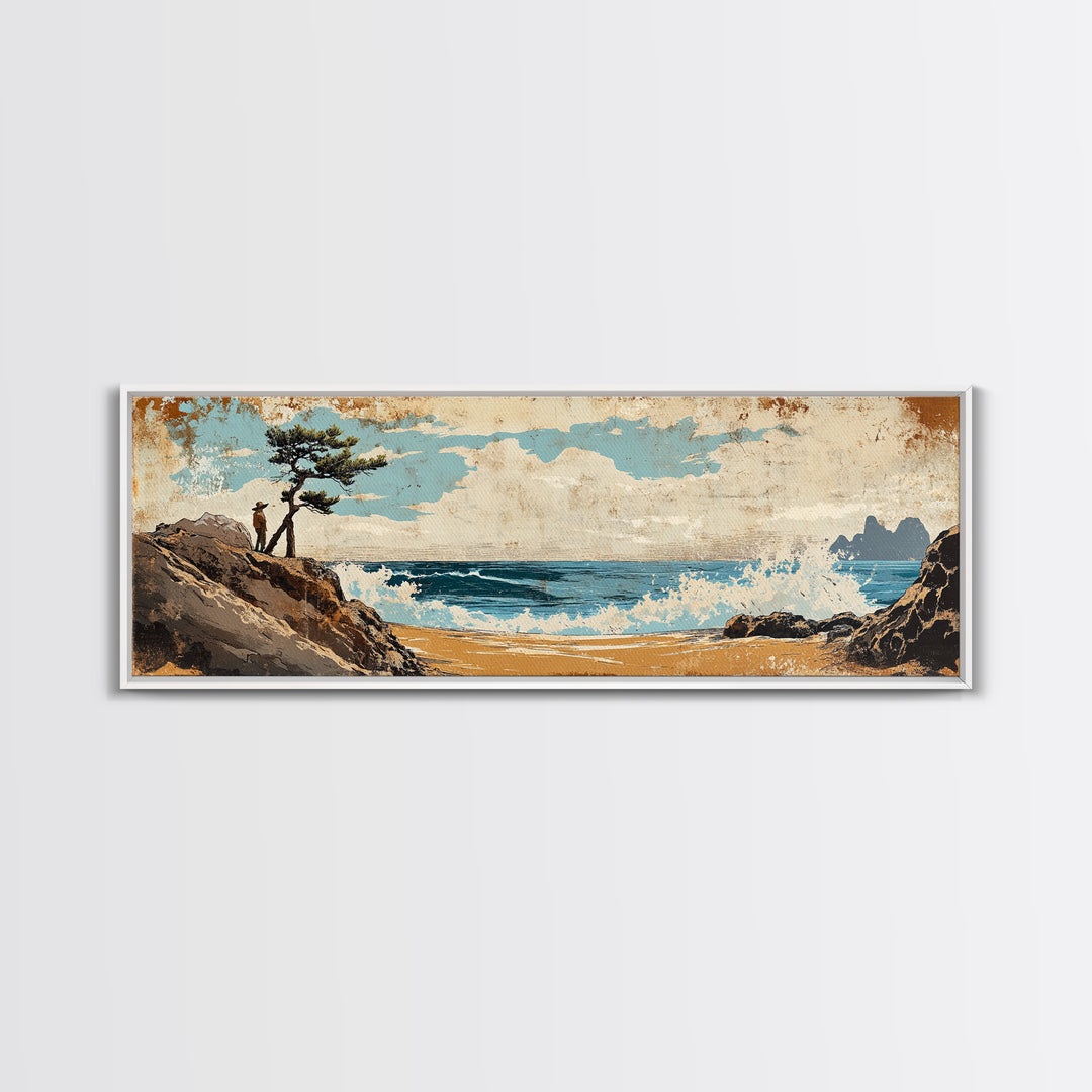 Coastal Lone Pine Beach Canvas Print, Ocean Wave Landscape Wall Art, Rustic Nautical Decor, Large Horizontal Art For Beach House Decor