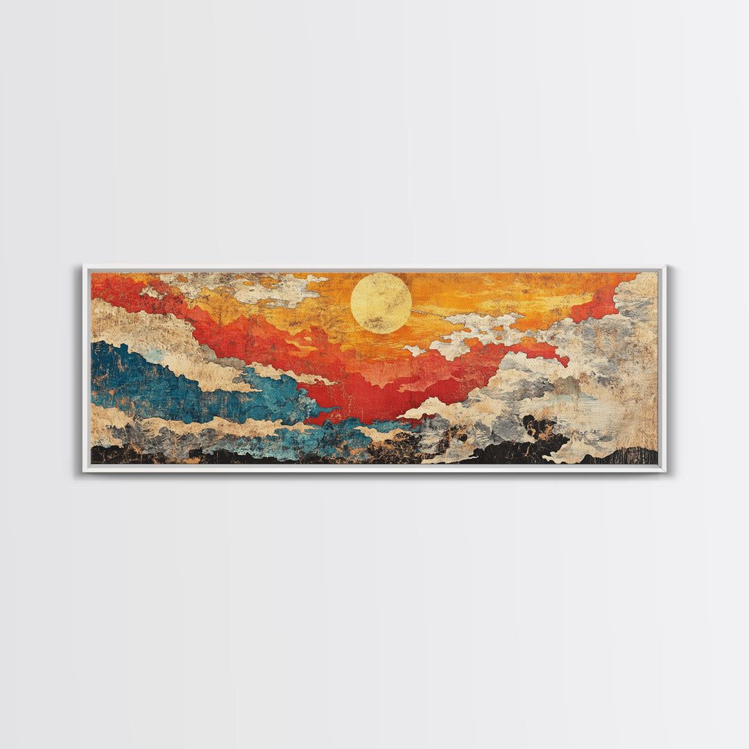 Abstract Red Gold Sunset Canvas Print, Textured Cloudscape Wall Art, Boho Modern Decor, Panoramic Living Room Art, Above Sofa Decor