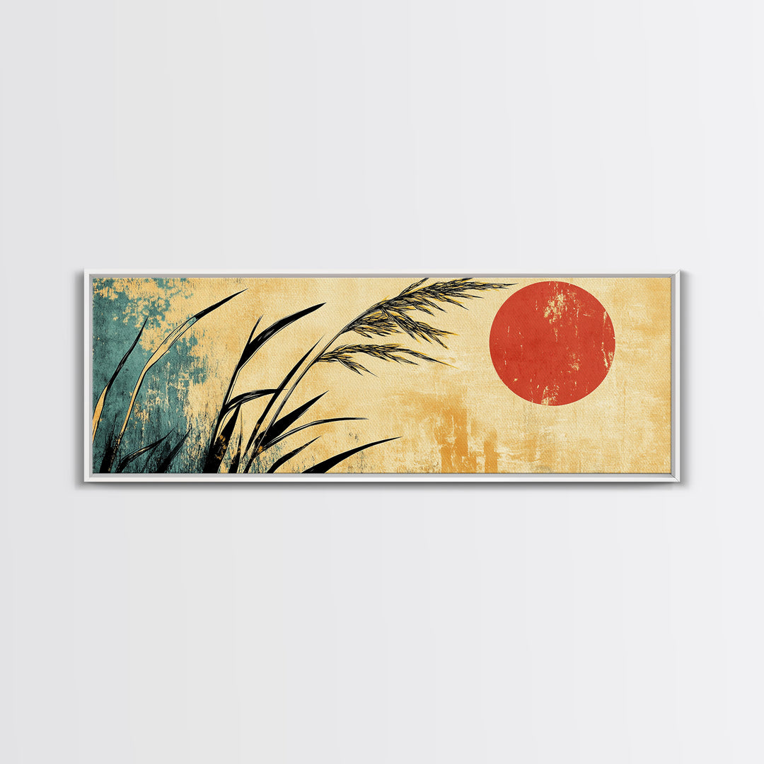 Minimal Reeds And Red Sun Canvas Print, Japanese Wall Art, Zen Home Decor, Japandi Coastal Poster For Calm Living Room Decor
