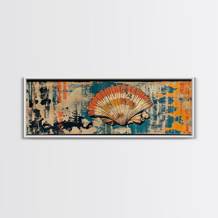 Orange Seashell On Blue Textured Canvas Print, Japanese Coastal Wall Art, Nautical Bathroom Decor, Ocean Gallery Wall Art